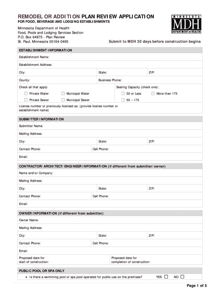 Remodel or Addition Plan Review Application Minnesota Health State Mn  Form