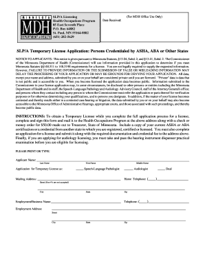 SLPA Temporary License Application Persons Credentialed by ASHA Health State Mn  Form