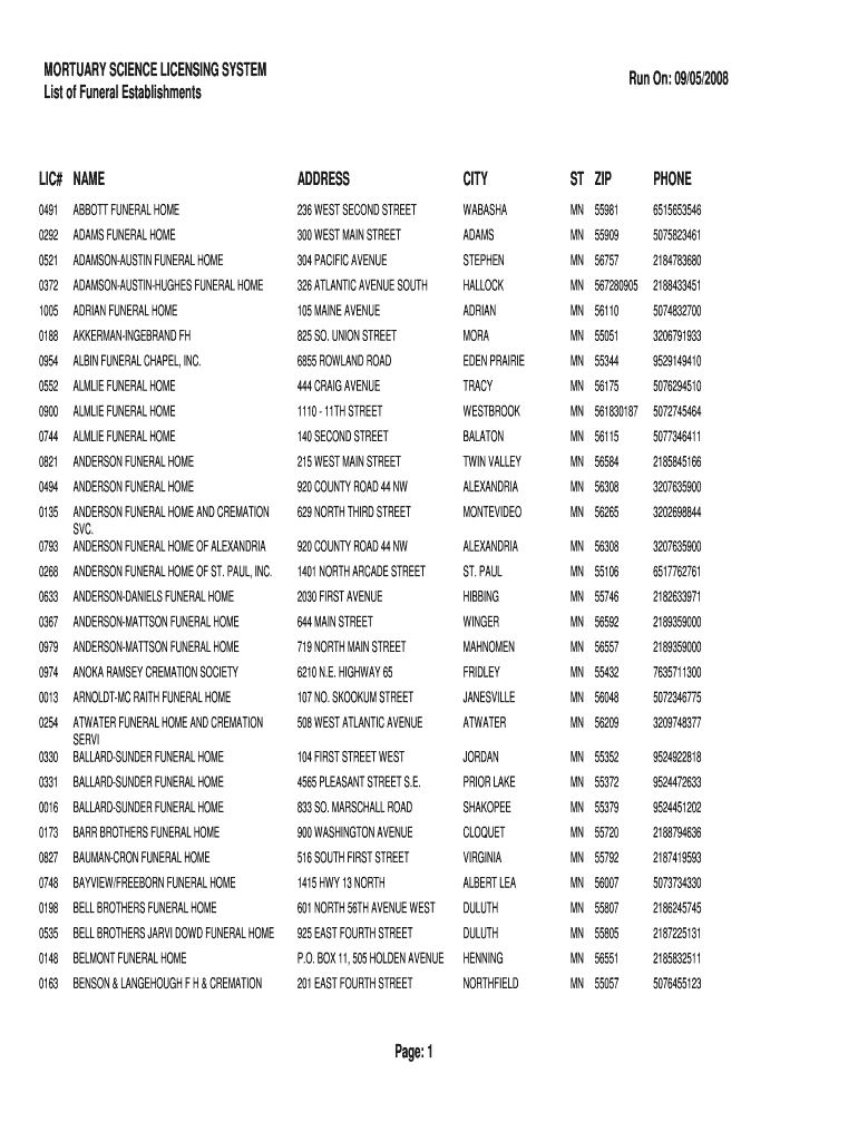 MORTUARY SCIENCE LICENSING SYSTEM List of Funeral Health State Mn  Form