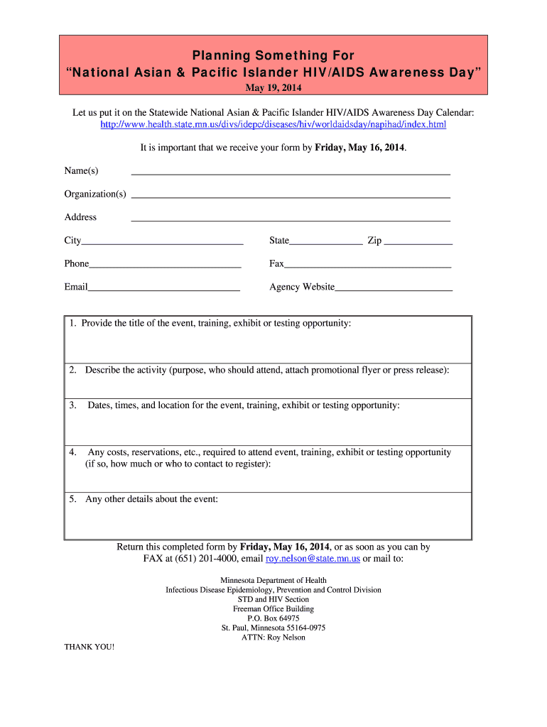 NATIONAL ASIAN and PACIFIC ISLANDER HIVAIDS AWARENESS DAY Event Form MN Dept of Health NATIONAL ASIAN and PACIFIC ISLANDER HIVAI