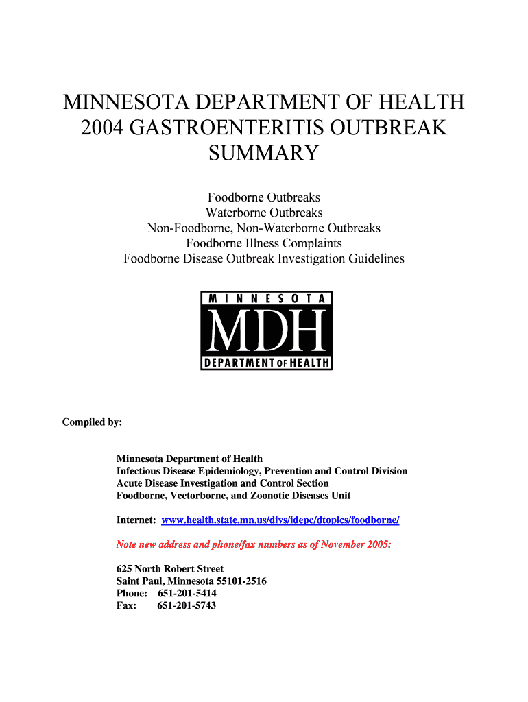 Gastroenteritis Outbreak Summary Minnesota Department of Health the Minnesota Department of Health Gastroenteritis Outbreak Summ  Form