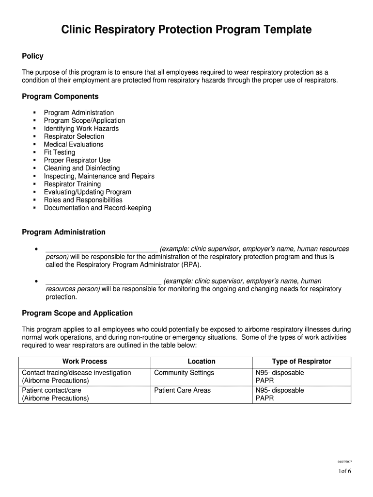 Clinic Respiratory Protection Program Template Minnesota Health State Mn  Form