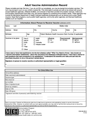 Adult Vaccine Administration Record Minnesota Dept of Health Health State Mn  Form