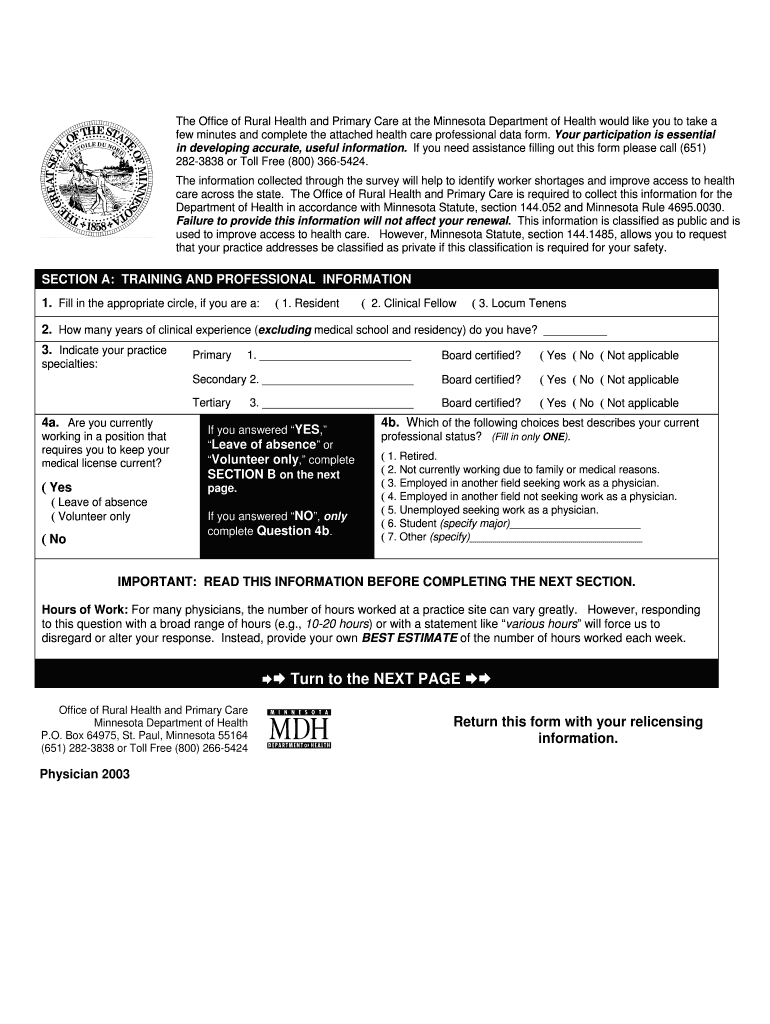 Survey Questionnaire Minnesota Department of Health Health State Mn  Form