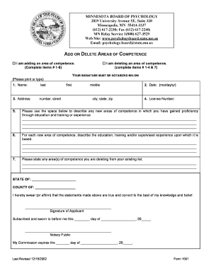 Added or Deleted Competencies DOC Minnesota Board of Psychology  Form