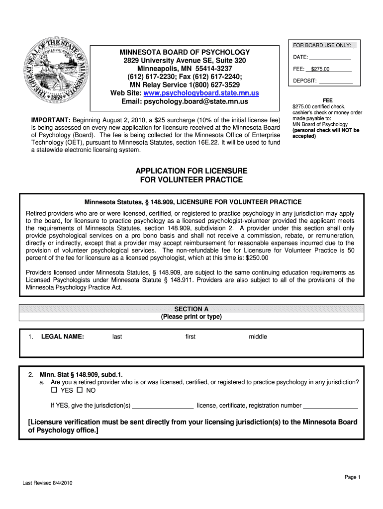 Application for Licensure for Volunteer Practice Minnesota Board of  Form