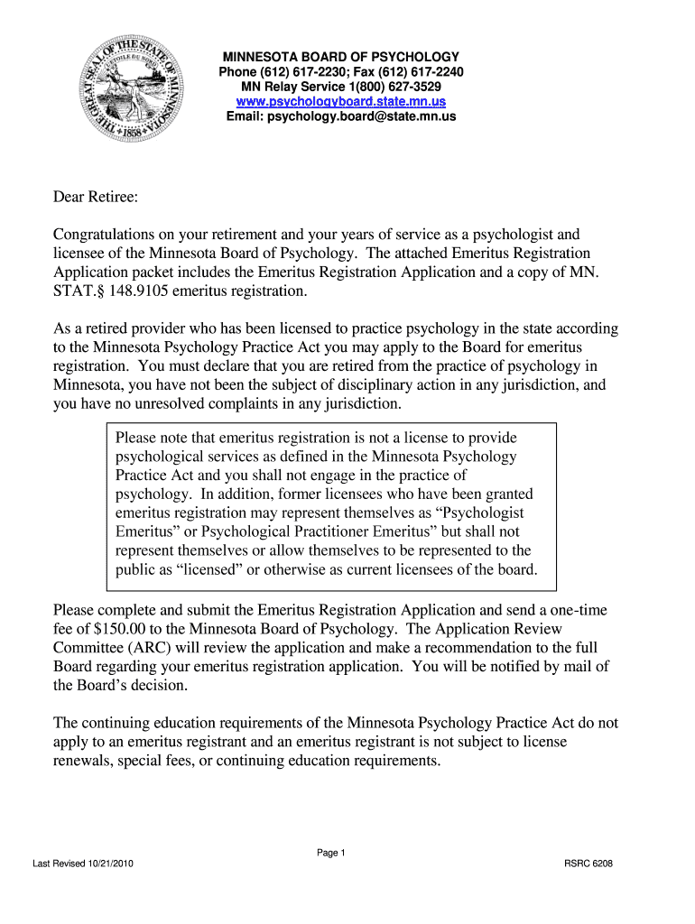 Dear Retiree Congratulations on Your Retirement and Your Years of Service as a Psychologist and Licensee of the Minnesota Board   Form