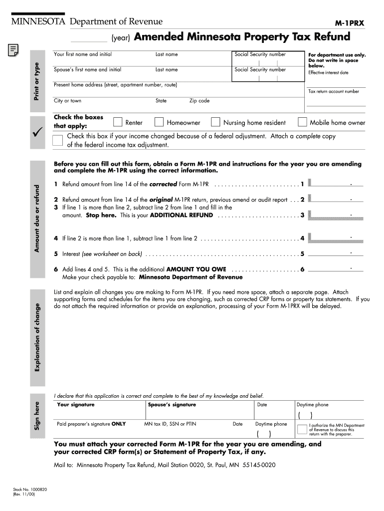 Instructions for Form M 1PRX Minnesota Department of Revenue Revenue State Mn