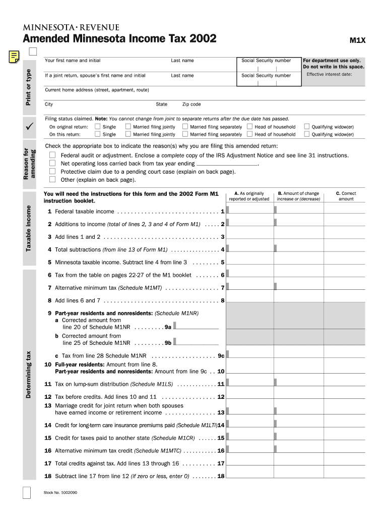 M1x Amended Income Tax Return M1x Amended Income Tax Return Revenue State Mn  Form