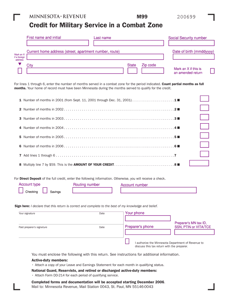  Form M99, Credit for Military Service in a Combat Zone Print Only 2020