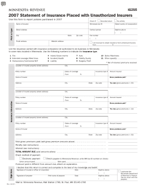 IG255, Statement of Insurance Placed with Unauthorized Insurers Revenue State Mn  Form