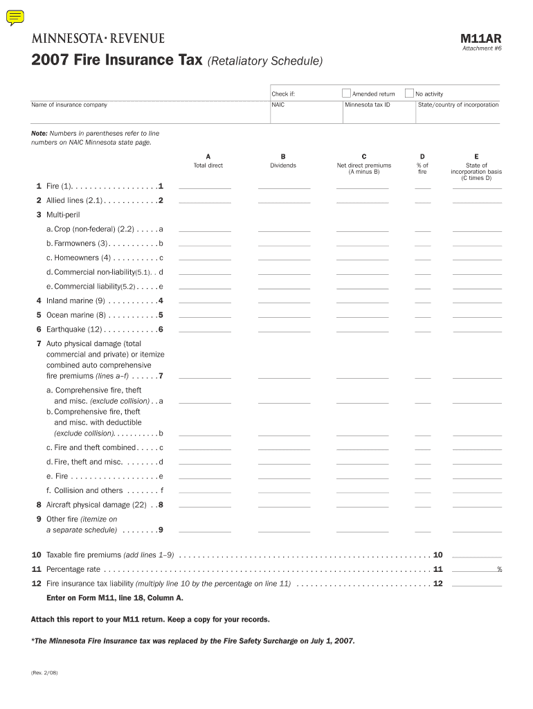 M11AR, Fire Insurance Tax Retaliatory Schedule Form M19, Insurance Estimated Premium Tax Payment Revenue State Mn