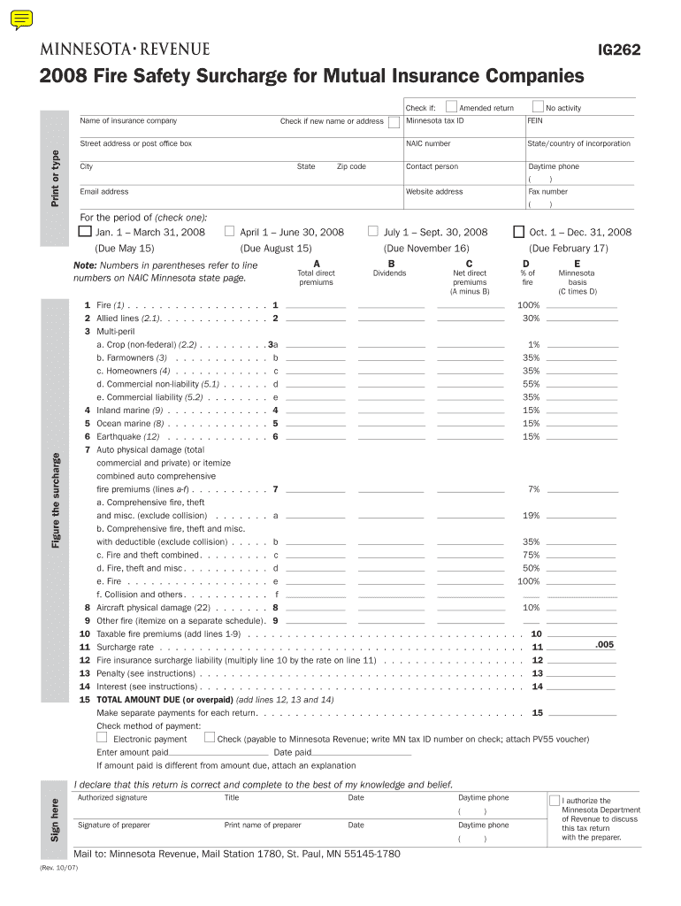 Fire Safety Surcharge for Mutual Insurance Companies Revenue State Mn  Form