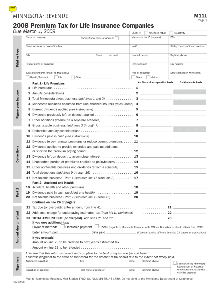 M11L, Premium Tax for Life Insurance Companies Revenue State Mn  Form