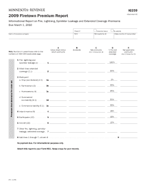 IG259, Firetown Premium Report Due March 1 for Use by Insurance Companies to Report Fire, Lightning, Sprinkler Leakage and Exten  Form