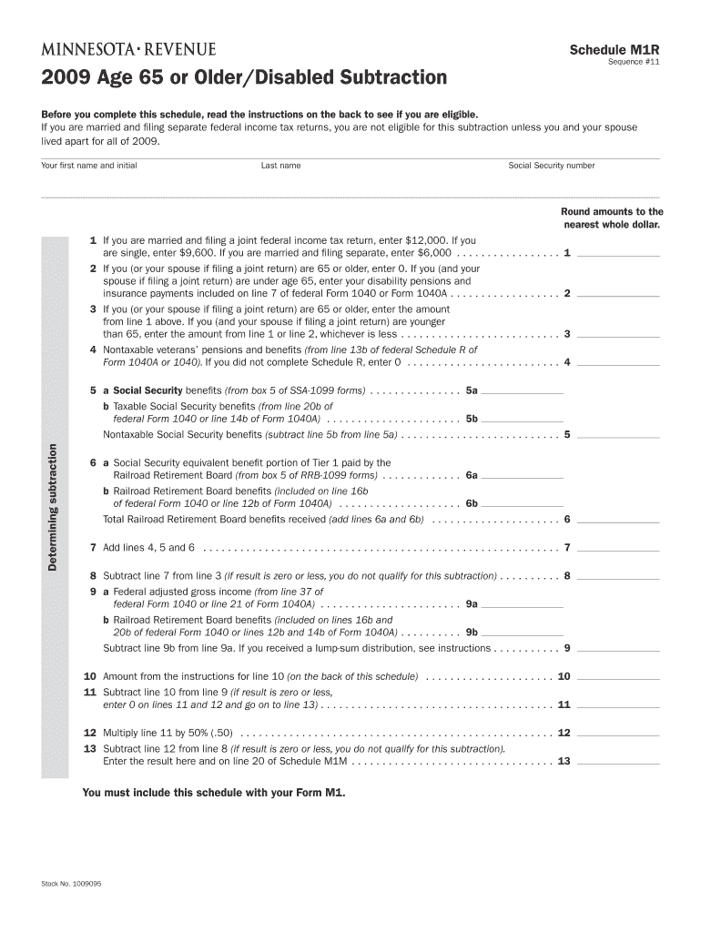 Schedule M1R Sequence #11 Age 65 or OlderDisabled Subtraction Before You Complete This Schedule, Read the Instructions on the Ba  Form