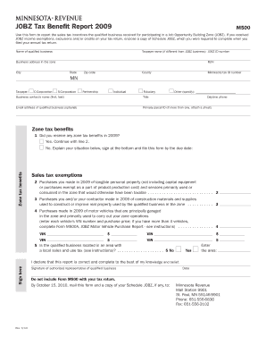 M500, Reporting of JOBZ Tax Benefits for Tax Year Revenue State Mn  Form