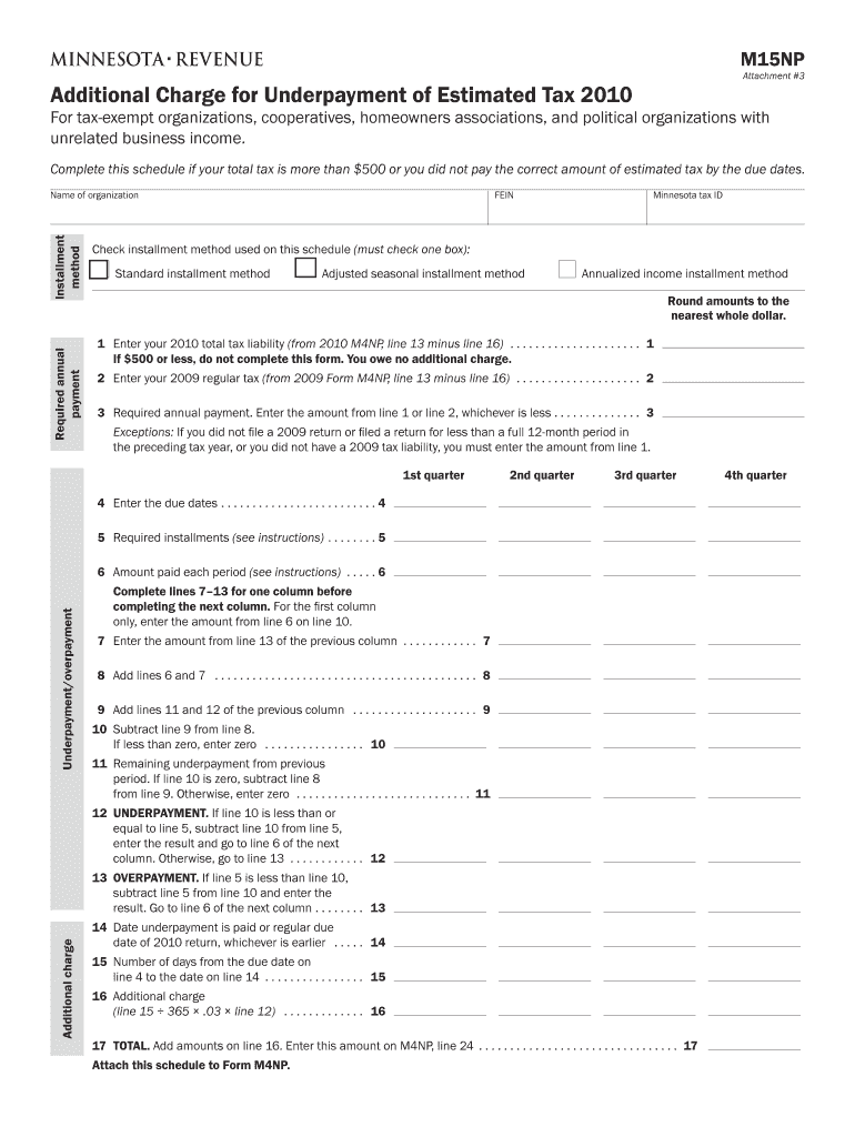 M15NP Attachment #3 Additional Charge for Underpayment of Estimated Tax for Tax Exempt Organizations, Cooperatives, Homeowners a  Form