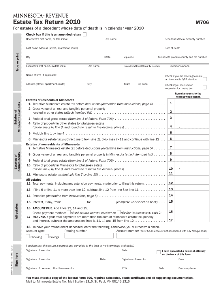 M706, Estate Tax Return to Be Used by an Estate of a Decedent Who Died in to File and Pay Minnesota Estate Tax Revenue State Mn  Form