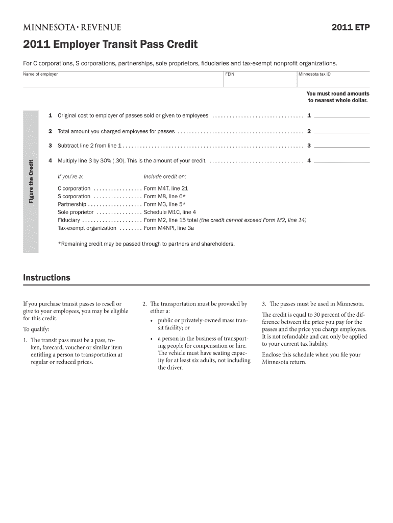 ETP Employer Transit Pass Credit for C Corporations, S Corporations, Partnerships, Sole Proprietors, Fiduciaries and Tax Exempt   Form