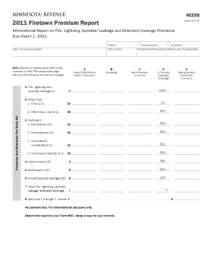 IG259, Firetown Premium Report Due March 1 for Use by Insurance Companies to Report Fire, Lightning, Sprinkler Leakage and Exten  Form