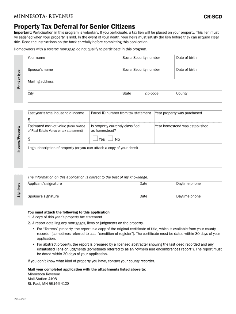 CR SCD, Property Tax Deferral for Senior Citizens Minnesota Revenue State Mn  Form