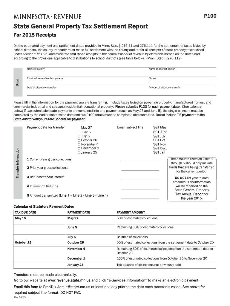 P100, State General Property Tax Settlement Report  Form