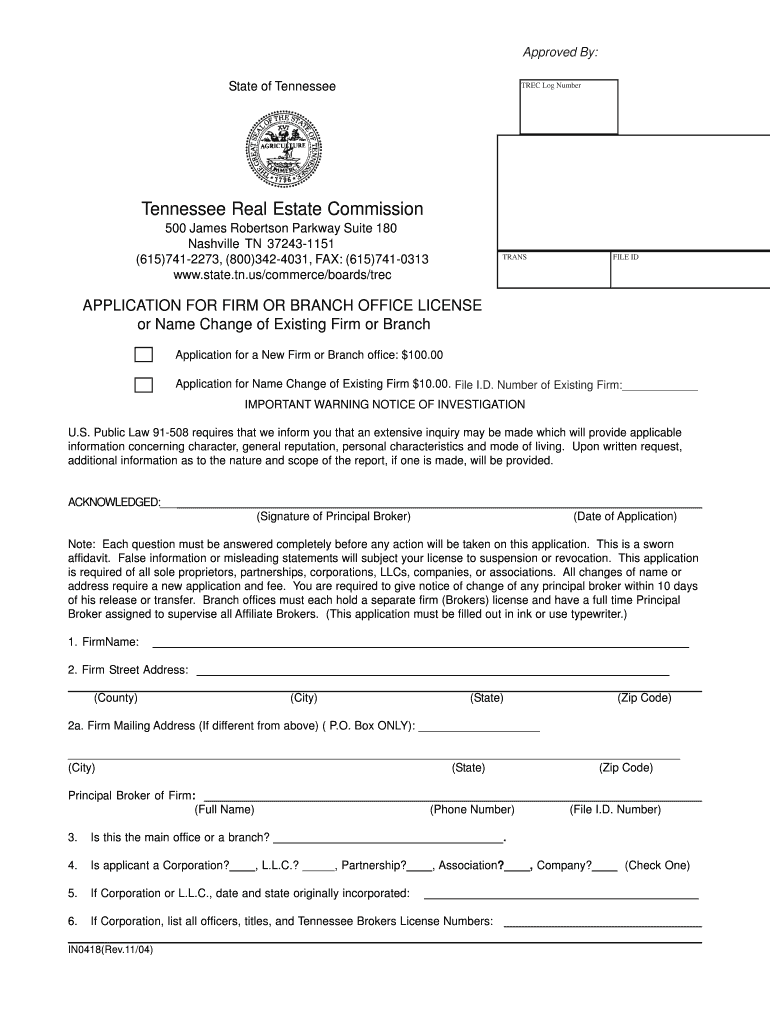Old Firm Application Tennessee  Form