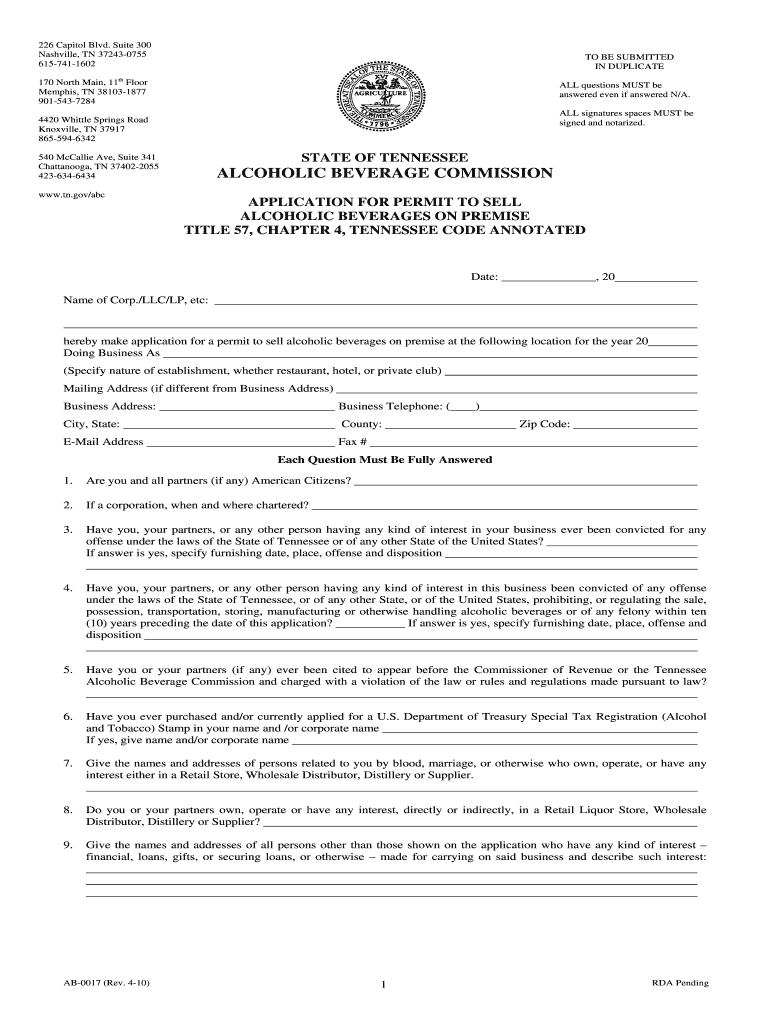  Tennessee Abc Form Ab 0017  Tennessee 2010