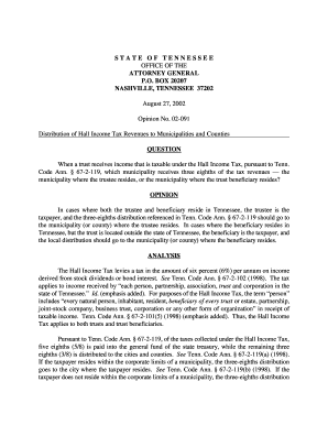 Opinion No 02 091 Distribution of Hall Income Tax Revenues to Municipalities and Counties Tennessee  Form