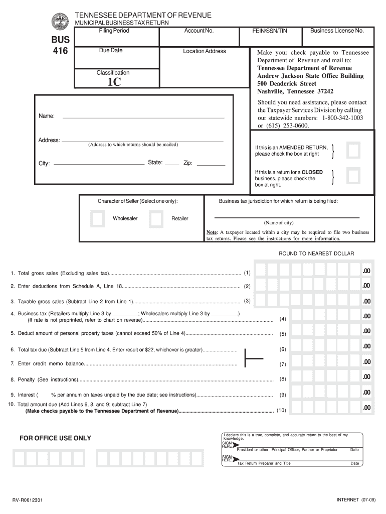  Minicipal Business Tax Return Classification 1C Tennessee 2009