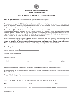  APPLICATION for TEMPORARY OPERATION PERMIT Tennessee 2012