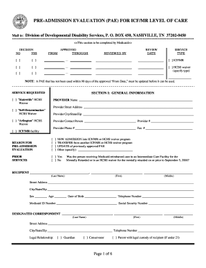 Pre Admission Evaluation Tennessee  Form