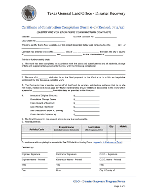 Form 6 9 Certificate of Construction Completion the Texas Glo Texas