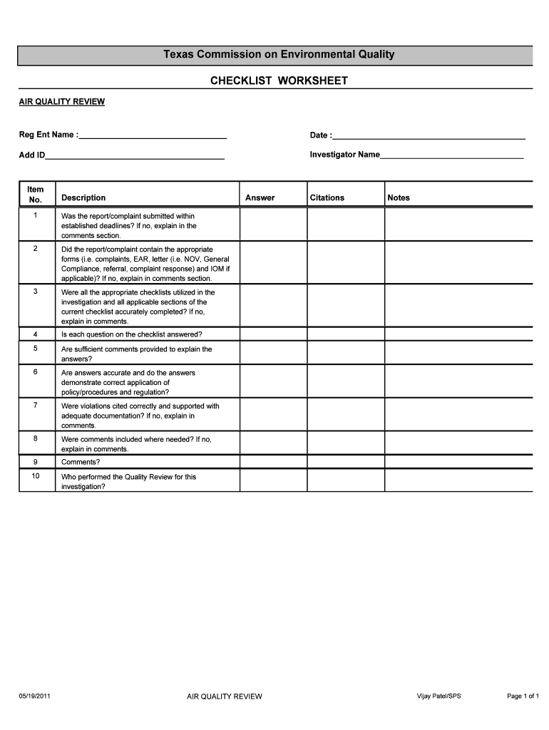 CHECKLIST WORKSHEET Tceq Texas  Form