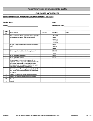 Investigative Checklists for Water Quality and Availability Texas Tceq Texas  Form