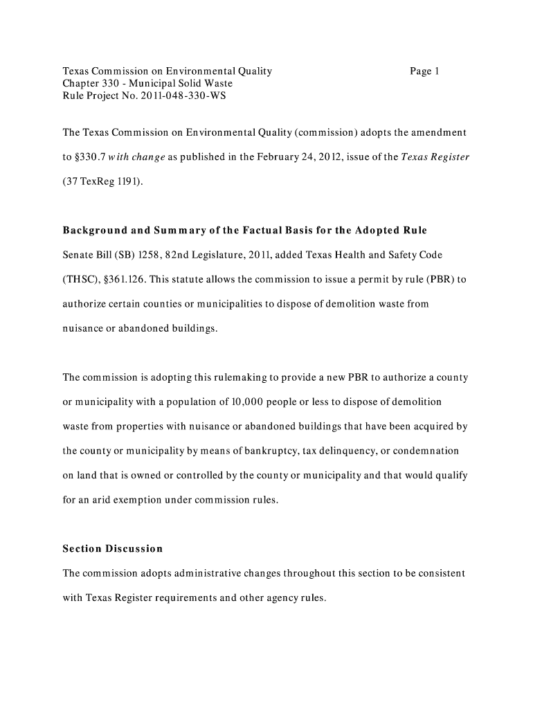 048 330 WS Page 1 the Texas Commission on Environmental Quality Commission Adopts the Amendment to 330 Tceq Texas  Form