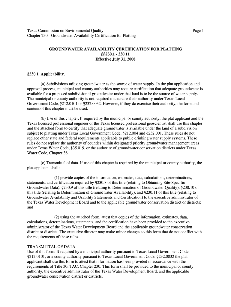  Certification of Groundwater Availability Tceq Ch 230  Form 2008-2024