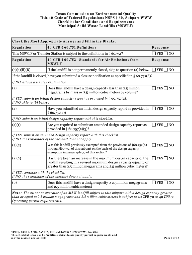 TCEQ Title 40 Code of Federal Regulations NSPS 60, Subpart WWW Checklist for Conditions and Requirements Municipal Solid Waste L  Form