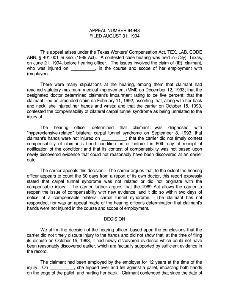 APPEAL NUMBER 94943 FILED AUGUST 31, This Appeal Tdi Texas  Form