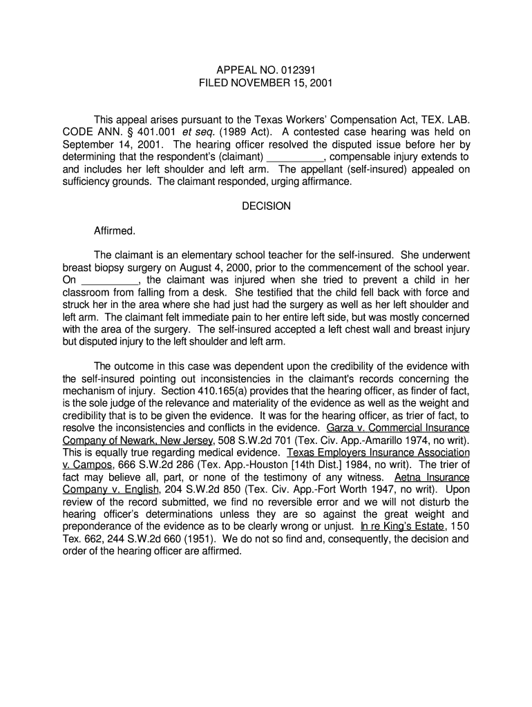 012391 FILED NOVEMBER 15, This Appeal Arises Pursuant to the Texas Workers&#039; Compensation Act, TEX Tdi Texas  Form