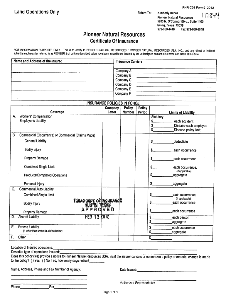  Pioneer Natural Resources Company Certificate of Insurance PNR C01 Form22012  Tdi Texas 2012-2024