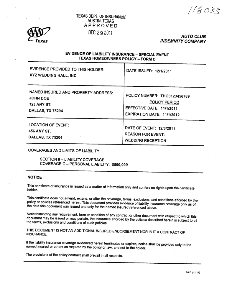 Texas Liability Insurance  Form