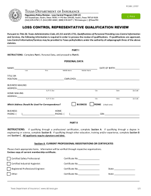 Loss Control Representative Qualification Review Qualification of Personnel Providing Loss Control Information and Services Tdi 