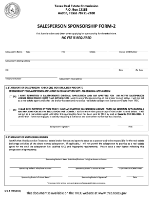 SF2 1, Salesperson Sponsorship Form 2, First Time Sponsorship Trec Texas