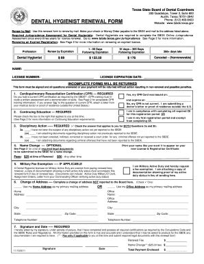 DENTAL HYGIENIST RENEWAL FORM Tsbde Texas