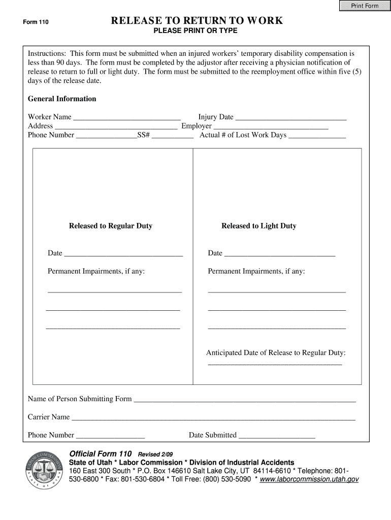 Blank Return to Work Forms
