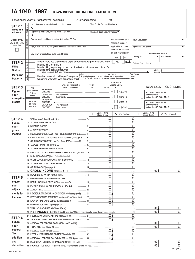  IA 1040 IOWA INDIVIDUAL INCOME TAX RETURN STEP 1    Iowa 1997