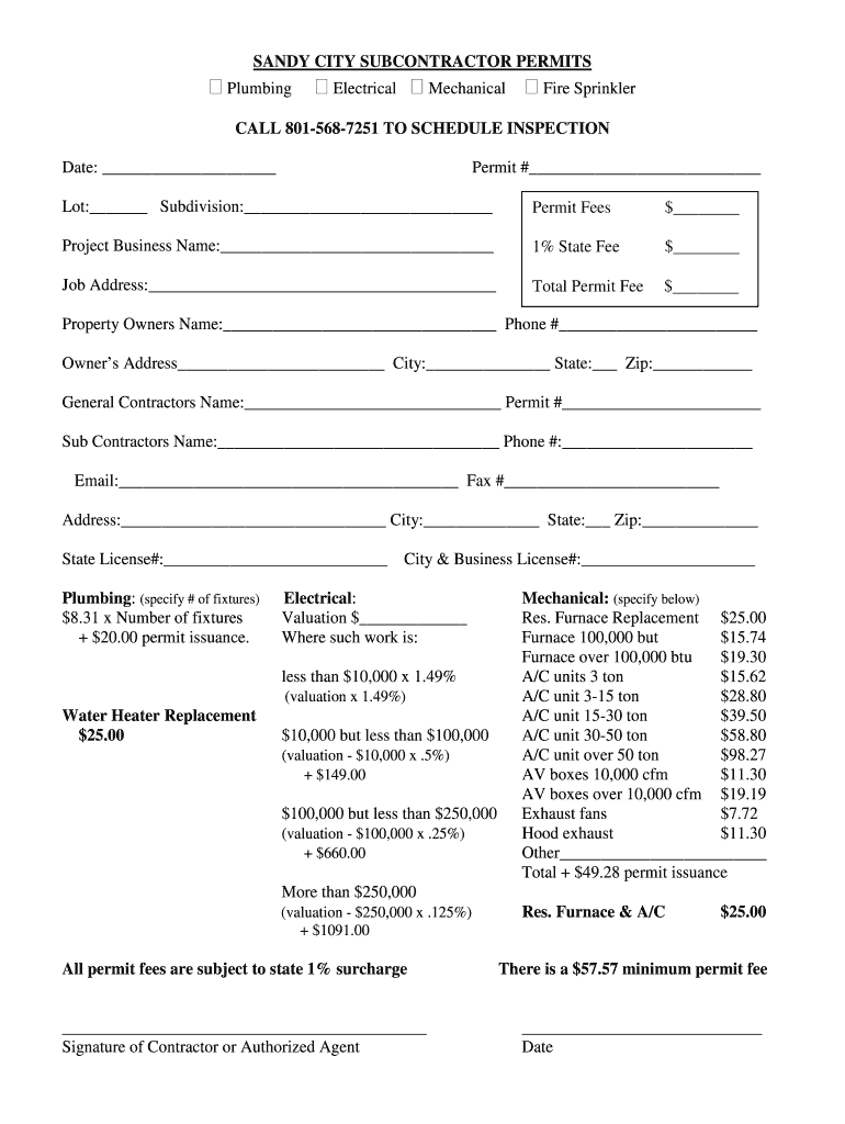 SANDY CITY SUBCONTRACTOR PERMITS  Sandy Utah  Form