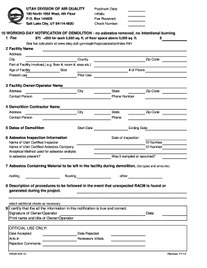 Utah Division of Air Quality 10 Working Day Notification Form